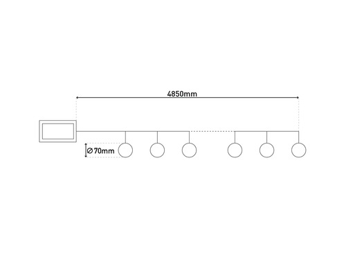 Schéma technique d'une lampe avec des dimensions de 4850 mm de longueur et 70 mm de diamètre.