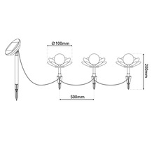 Image d'une guirlande lumineuse solaire avec un motif floral et les dimensions suivantes : 100 mm de diamètre, 200 mm de hauteur et 500 mm d'écartement.