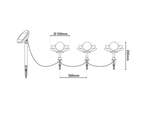 Image d'une guirlande lumineuse solaire avec un motif floral et les dimensions suivantes : 100 mm de diamètre, 200 mm de hauteur et 500 mm d'écartement.