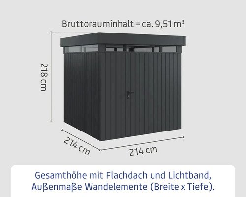 Abri de jardin métallique avec toit plat et bandeau lumineux, dimensions extérieures 214 x 214 x 218 cm