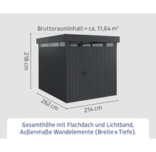 Abmessungen des Gerätehauses mit Flachdach und Lichtband