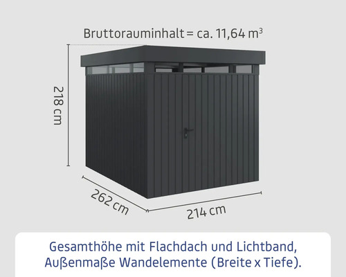 Abmessungen des Gerätehauses mit Flachdach und Lichtband