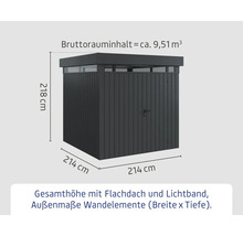 Metall Gerätehaus mit Flachdach, Lichtband und den Maßen 214 x 214 x 218 cm