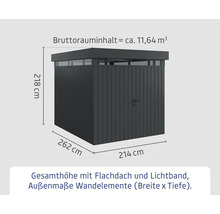 Dimensions d'un abri de jardin avec toit plat et bande lumineuse.