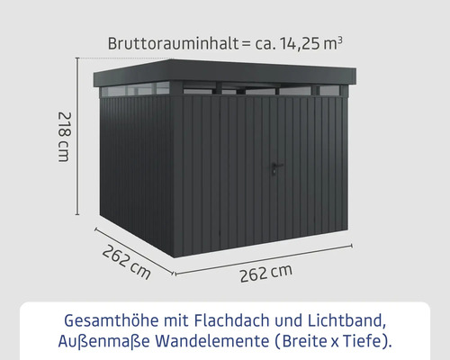 Geräteschuppen mit Flachdach und Lichtband, Außenmaße der Wandelemente 262 x 262 Zentimeter, Gesamthöhe 218 Zentimeter, Bruttorauminhalt circa 14,25 Kubikmeter