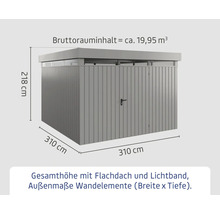 Abbildung eines Gerätehauses mit Flachdach und Lichtband sowie Angaben zu Höhe, Breite und Tiefe.