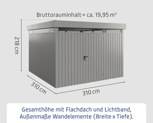 Abbildung eines Gerätehauses mit Flachdach und Lichtband sowie Angaben zu Höhe, Breite und Tiefe.