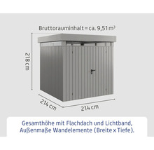 Image d'un abri de jardin avec toit plat et indications de dimensions.