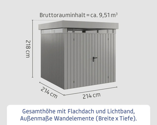 Image d'un abri de jardin avec toit plat et indications de dimensions.