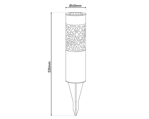 Technische Zeichnung einer Gartenleuchte mit Erdspieß, Durchmesser 60 Millimeter, Höhe 335 Millimeter