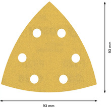 Papier abrasif triangulaire avec six trous et une taille de 93 mm.