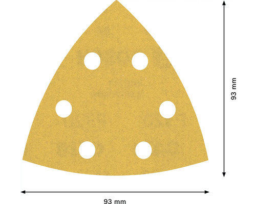 Papier abrasif triangulaire avec six trous et une taille de 93 mm.