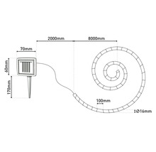 Dessin technique d'une lampe solaire avec piquet de terre et spirale avec indications de mesure.
