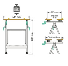 Abmessungen und maximale Belastung der Werkbank dargestellt.