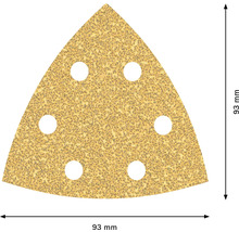 Papier abrasif triangulaire avec une longueur de bord de 93 mm et six trous