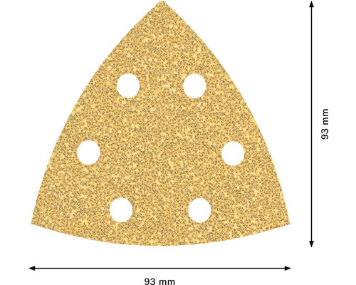 Papier abrasif triangulaire avec une longueur de bord de 93 mm et six trous
