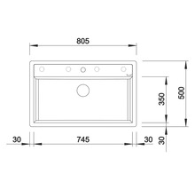 Technische Zeichnung eines Spülbeckens mit Maßangaben