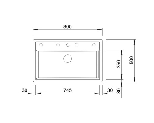 Technische Zeichnung eines Spülbeckens mit Maßangaben