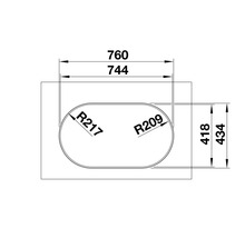 Technische Zeichnung einer Duschwanne mit den Maßen 760 mal 434 Millimeter