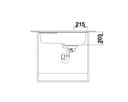 Technische Zeichnung einer Spüle mit den Maßen 215 und 203 Millimeter.