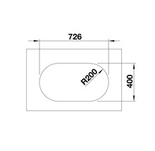 Technische Zeichnung einer Badewanne mit den Maßen 726 und 400 sowie einem Radius von 200