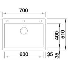 Technische Zeichnung einer Spüle mit Maßangaben