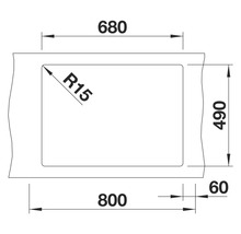 Technische Zeichnung einer Duschwanne mit den Maßen 800 x 680 x 490 mm und einem Radius von 15 mm