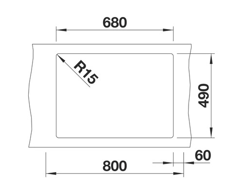 Technische Zeichnung einer Duschwanne mit den Maßen 800 x 680 x 490 mm und einem Radius von 15 mm