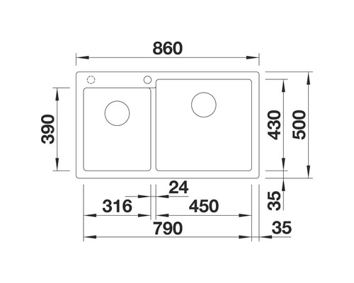 Skizze einer Spüle mit Maßen
