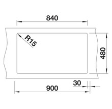 Technische Zeichnung eines rechteckigen Waschbeckens mit den Maßen 900 x 480 mm