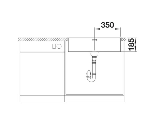Schéma technique d'un évier avec des dimensions de 350 par 185 millimètres