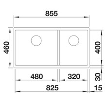 Zeichnung einer Spüle mit Doppelbecken und Maßangaben