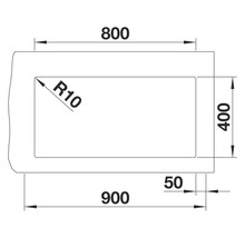 Dessin technique d'un bassin rectangulaire de dimensions 800 x 400 mm, d'une longueur totale de 900 mm et d'un rayon d'angle de R10.