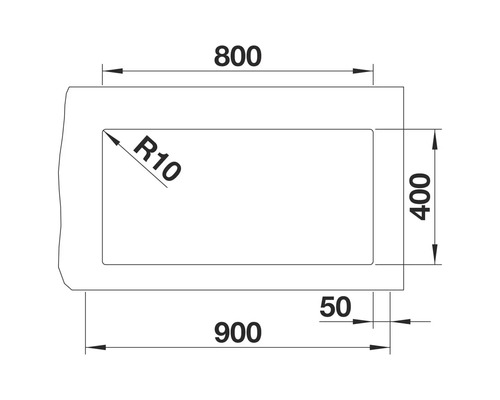 Dessin technique d'un bassin rectangulaire de dimensions 800 x 400 mm, d'une longueur totale de 900 mm et d'un rayon d'angle de R10.