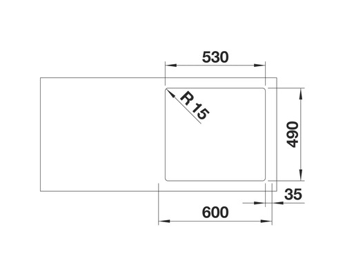 Dessin technique d'un évier aux dimensions 600 x 490 x 35 mm