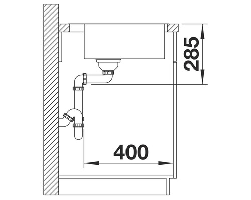 Schéma technique d'un évier avec siphon et indications de dimensions