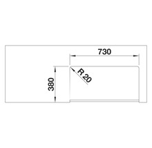 Zeichnung eines Waschbeckens mit Maßangaben: 730 Millimeter Länge, 380 Millimeter Breite und einem Radius von 20 Millimetern