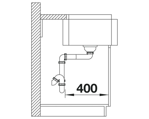 Skizze eines Waschbeckens mit Siphon und Maßangabe 400
