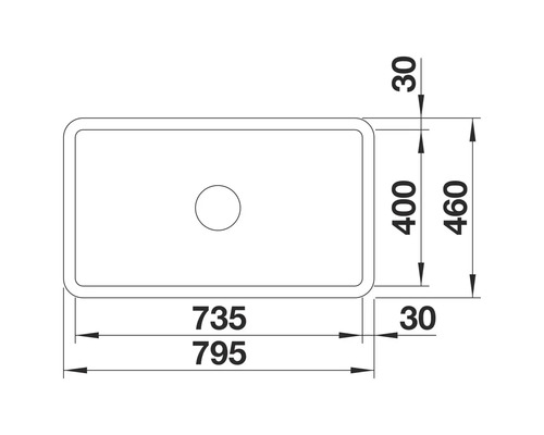 Technische Zeichnung eines Spülbeckens mit Maßangaben