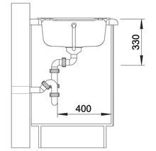 Skizze einer Spüle mit Abmessungen für die Planung
