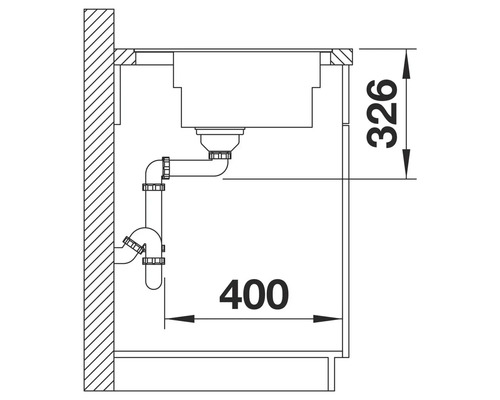 Schéma d'un évier avec siphon et indications de dimensions 326 et 400.