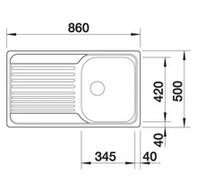 Dessin d'un évier avec des dimensions de 860 x 500 millimètres.
