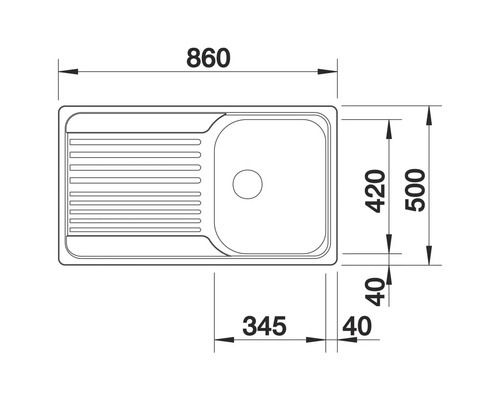 Dessin d'un évier avec des dimensions de 860 x 500 millimètres.