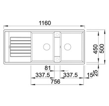 Technische Zeichnung eines Spülbeckens mit Maßen