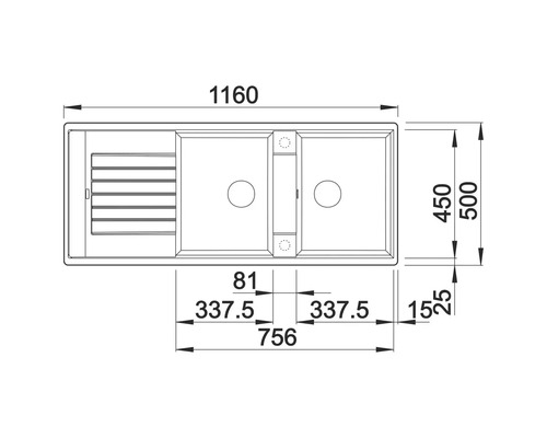 Technische Zeichnung eines Spülbeckens mit Maßen