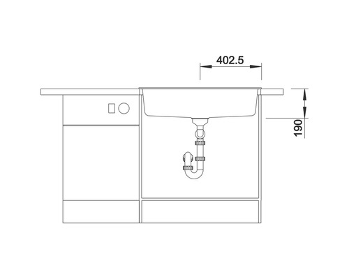Technische Zeichnung eines Waschtischunterschranks mit Abmessungen.
