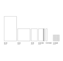 Différentes tailles de carreaux : 60 x 120, 60 x 60, 30 x 60, 30 x 60 marche, 7,2 x 60 plinthe, mosaïque 5 x 5