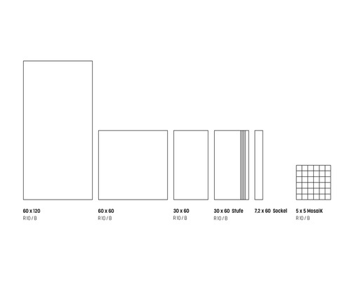 Différentes tailles de carreaux : 60 x 120, 60 x 60, 30 x 60, 30 x 60 marche, 7,2 x 60 plinthe, mosaïque 5 x 5