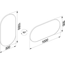 Technische Zeichnung eines Badspiegels mit den Maßen 1000 x 500 mm.