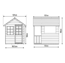 Dimensions de la maisonnette : vue latérale et vue de face avec indication de la hauteur et de la largeur en centimètres